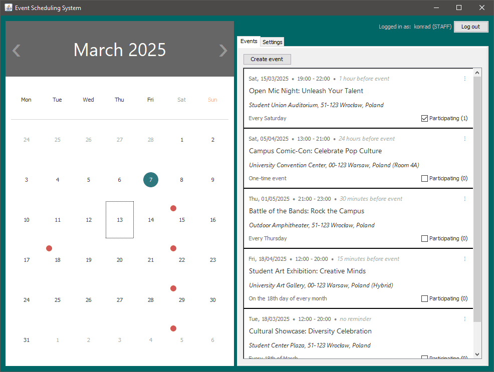 Event Scheduling System main page with event calendar and event list panel