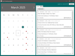 Event Scheduling System main page with event calendar and event list panel